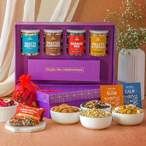 Omay Foods Sparkling Delights 10-Piece Diwali Gift Hamper – Healthy Snacks, Dry Fruits, Tea & Chocolate