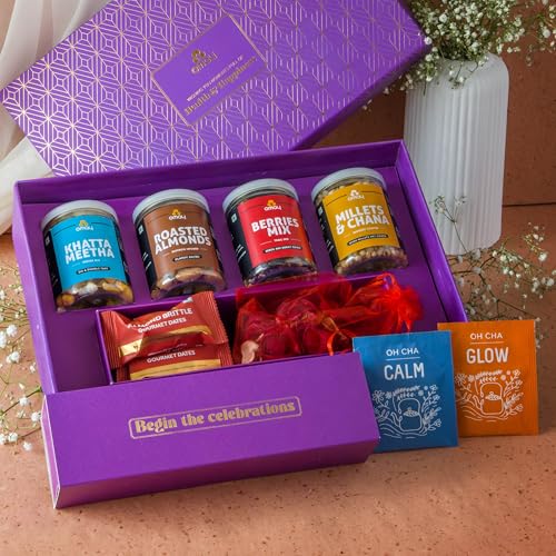 Omay Foods Sparkling Delights 10-Piece Diwali Gift Hamper – Healthy Snacks, Dry Fruits, Tea & Chocolate