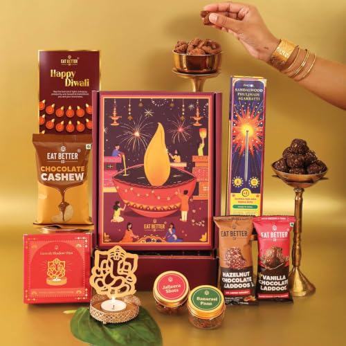Eat Better Co Utsav 9-Item Diwali Gift Hamper – Gold Embossed Box with Dry Fruit Laddoos, Chocolate Nuts, Mukhwas & Shadow Diya