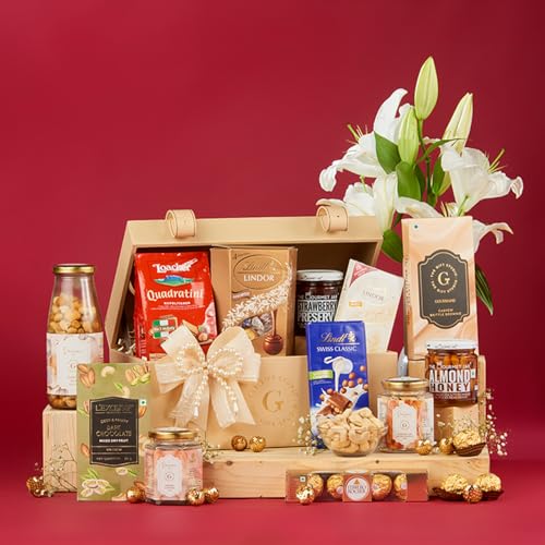 The Gift Studio Mighty Celebration Trunk – Assorted Chocolates, Lindt, Cashews, Almond Honey, Cookies, Tea & Preserves
