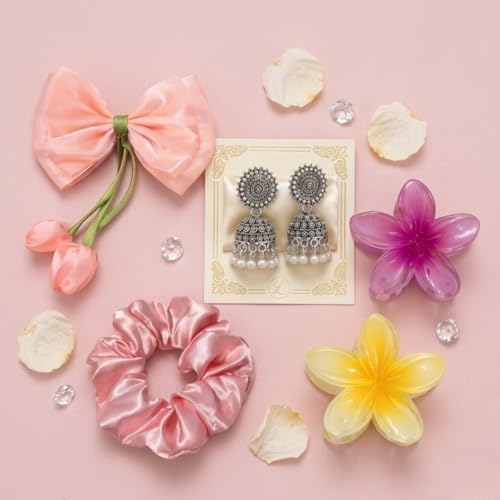 Gift Hamper for Women & Girls – Tulip Hair Bow, Scrunchie, 2 Flower Claw Clips & Jhumki Earrings