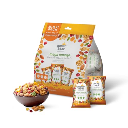 Paper Boat Mega Omega Dry Fruits Trail Mix (Pack of 10 x 30g) Almonds, Walnuts, Cranberries & Pumpkin Seeds | Healthy Mixed Nuts with Omega-3