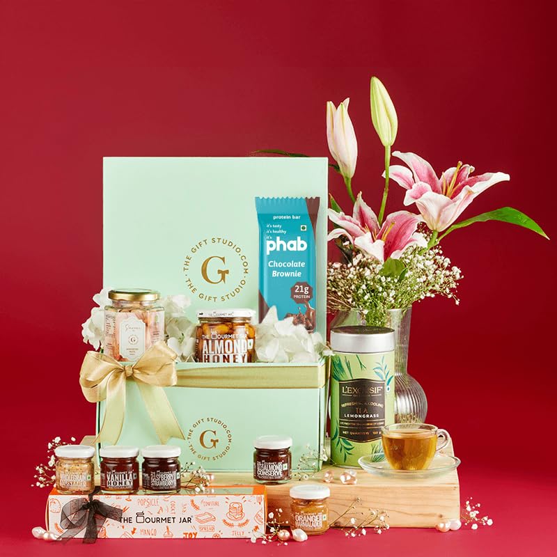 The Gift Studio Guilt-Free Gourmet Hamper – Herbal Tea, Almond Honey, Mixed Nuts & More