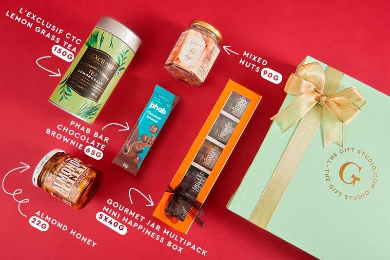 The Gift Studio Guilt-Free Gourmet Hamper – Herbal Tea, Almond Honey, Mixed Nuts & More