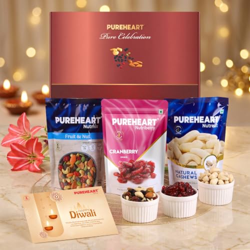 PUREHEART Dry Fruits Diwali Gift Hamper- Cashews, Cranberry & Nutmix 80g each, Card Assorted Gift Box (Multicolor)
