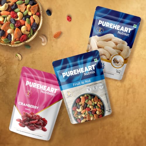 PUREHEART Dry Fruits Diwali Gift Hamper- Cashews, Cranberry & Nutmix 80g each, Card Assorted Gift Box (Multicolor)