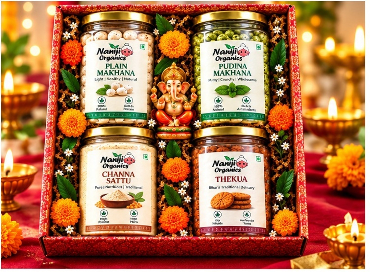 naniji natural Premium Festive Gift Box – 4 Jars Aluminium, Bamboo, Brass, Wooden Gift Box (Brown)