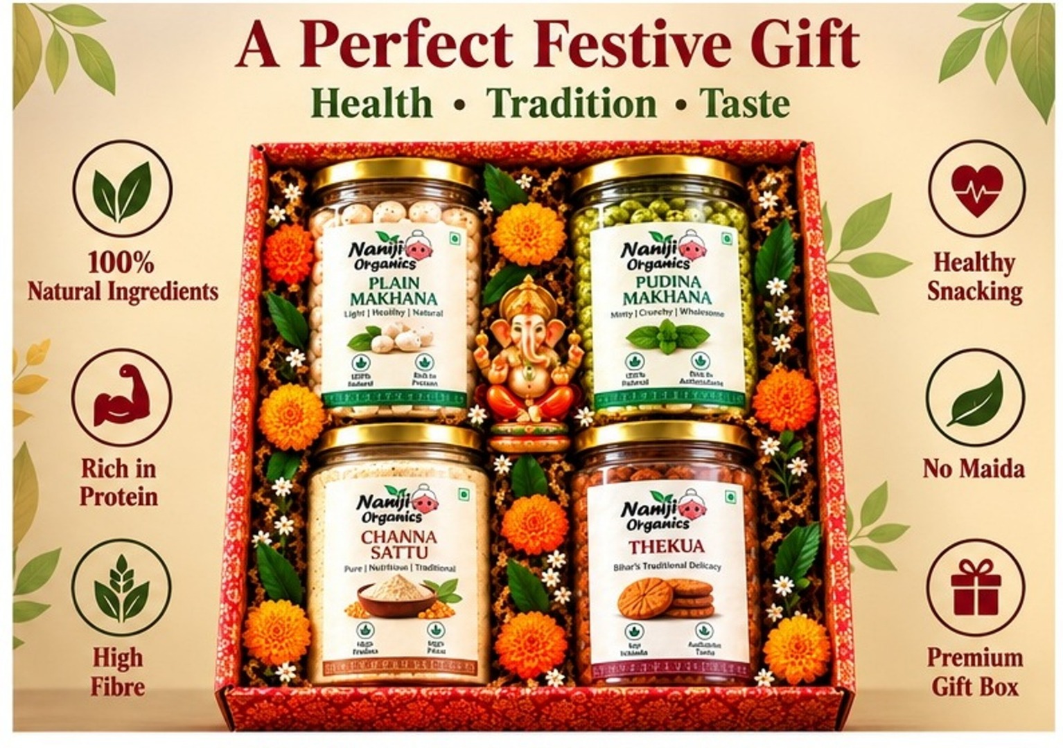 naniji natural Premium Festive Gift Box – 4 Jars Aluminium, Bamboo, Brass, Wooden Gift Box (Brown)