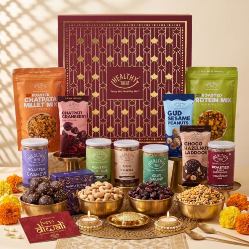 Healthy Treat Magic Diwali Gift Hamper | Dry Fruit Ladoo, Snacks, Vastu Turtle, Diya & Card Assorted Gift Box (Maroon)