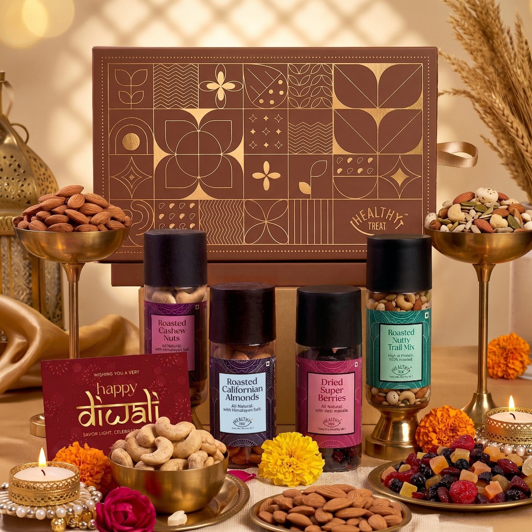 Healthy Treat Delight Diwali Gift Hamper, Roasted Dry fruit with Diya and Diwali Card Assorted Gift Box (Multicolor)
