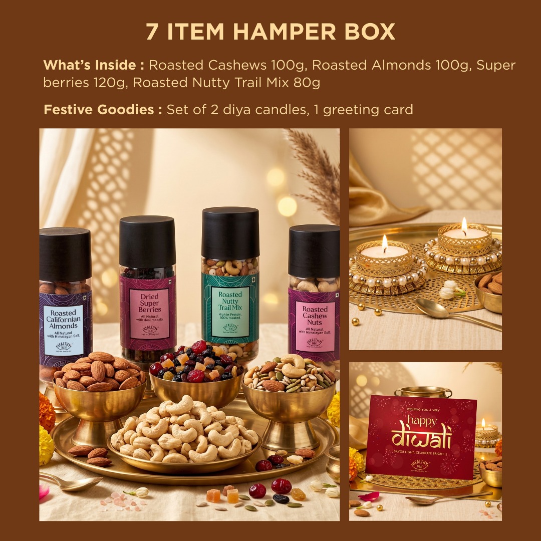 Healthy Treat Delight Diwali Gift Hamper, Roasted Dry fruit with Diya and Diwali Card Assorted Gift Box (Multicolor)