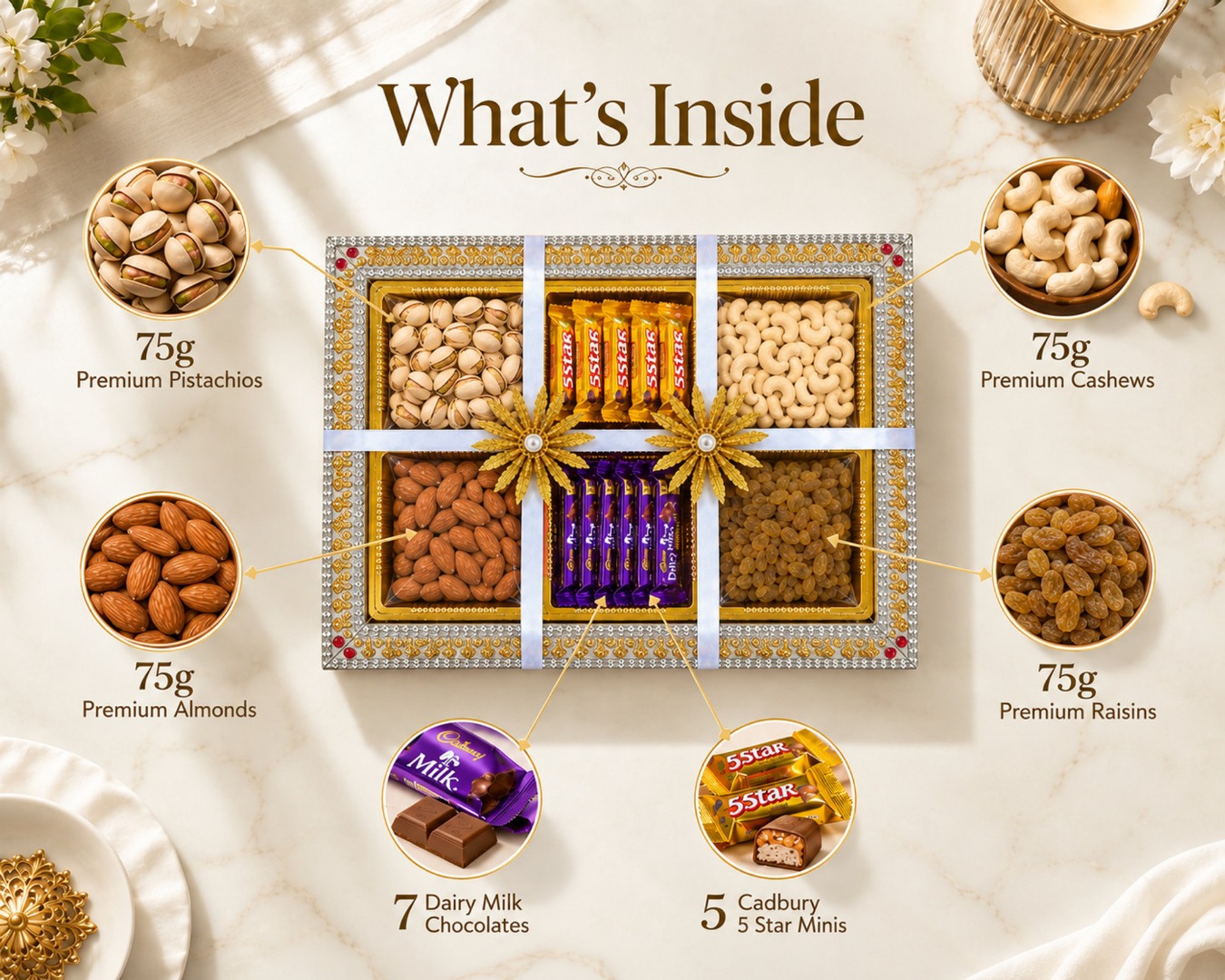 Happy Basket By Simran Dry Fruit Gift Box with Chocolates | Premium Festival & Corporate Gift Hamper Wooden Gift Box (White)