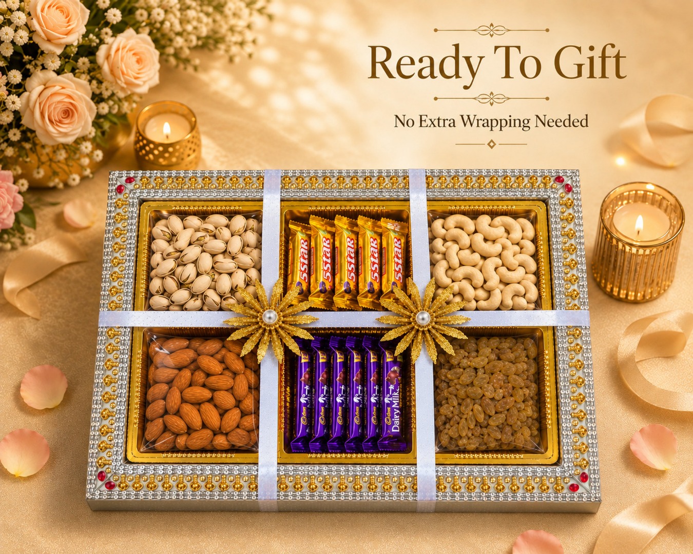 Happy Basket By Simran Dry Fruit Gift Box with Chocolates | Premium Festival & Corporate Gift Hamper Wooden Gift Box (White)
