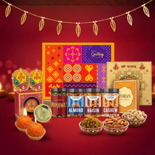 Goshudh Diwali Gift Hamper 9 Items Gift Box Almond, Cashew, Raisin & Festive Decor Assorted Gift Box (Multicolor)