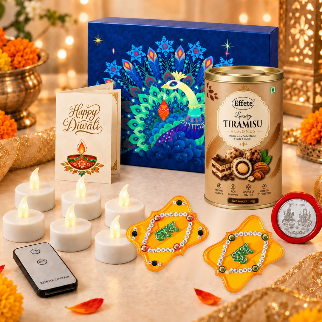 Effete Festival Gift Combo LED Candles | Shubh Labh | Card | Chocolate | Coin Assorted Gift Box (Multicolor)- Design 1