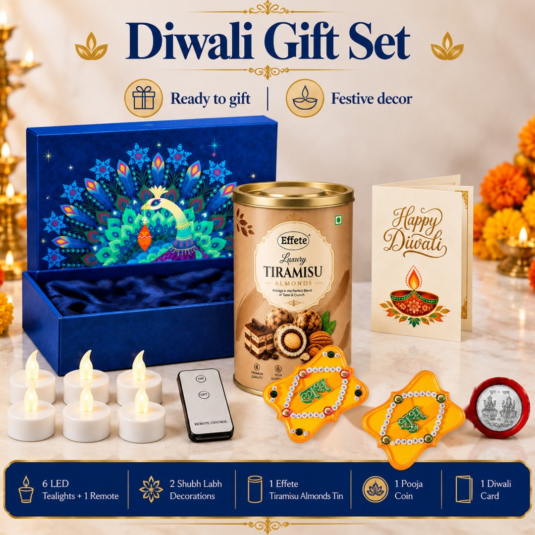 Effete Festival Gift Combo LED Candles | Shubh Labh | Card | Chocolate | Coin Assorted Gift Box (Multicolor)- Design 1