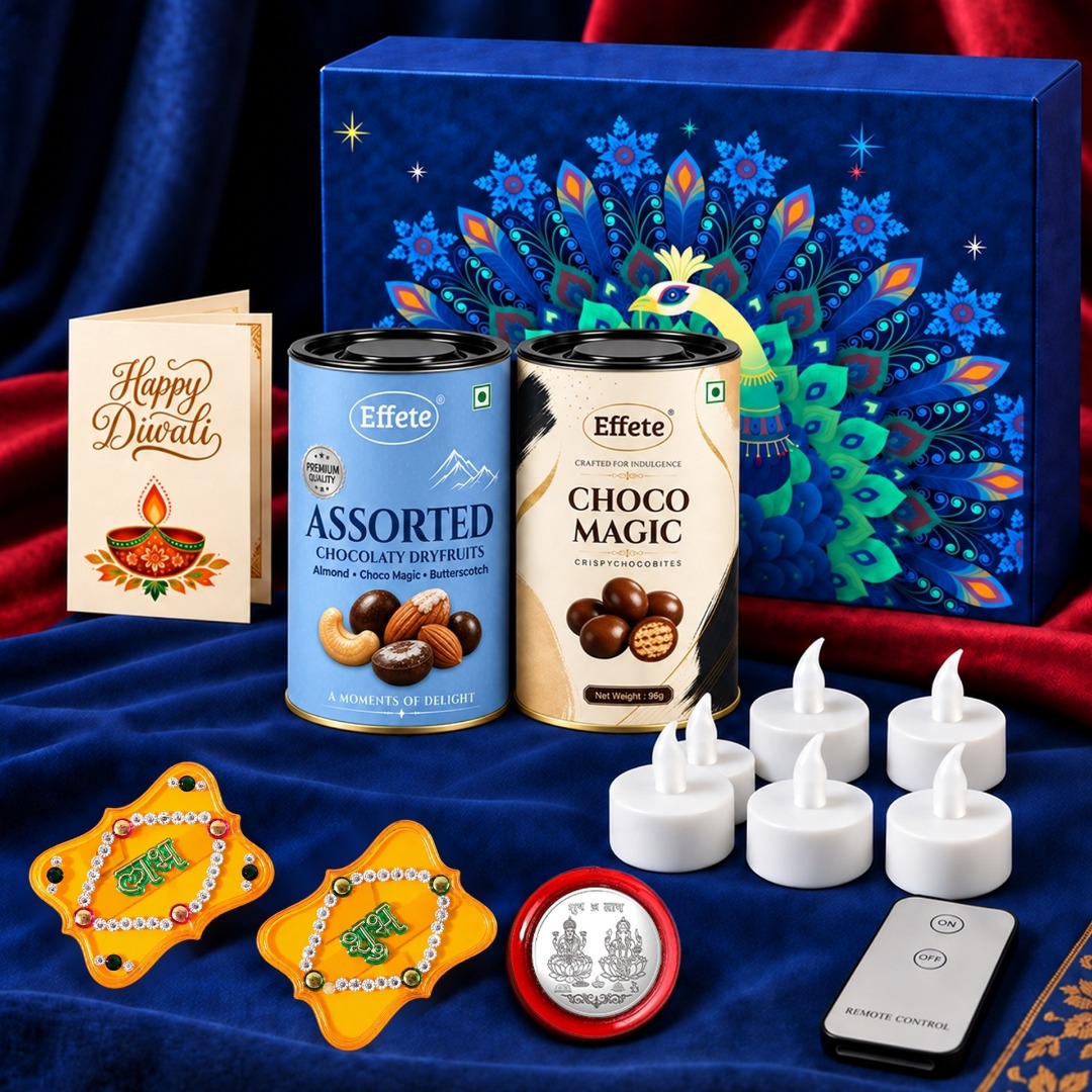 Effete Festival Gift Combo LED Candles | Shubh Labh | Card | Chocolate | Coin Assorted Gift Box (Multicolor)- Design 2