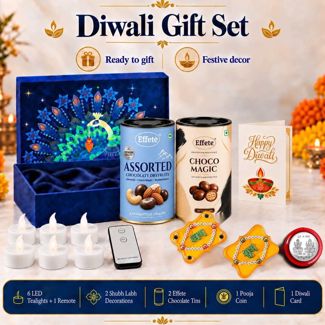 Effete Festival Gift Combo LED Candles | Shubh Labh | Card | Chocolate | Coin Assorted Gift Box (Multicolor)- Design 2