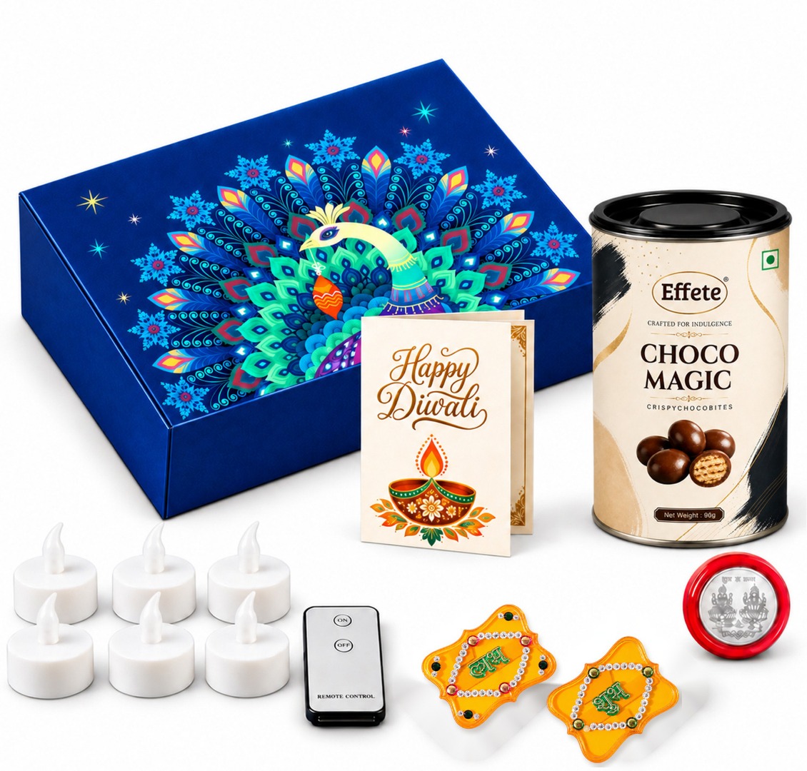 Effete Festival Gift Combo LED Candles | Shubh Labh | Card | Chocolate | Coin Assorted Gift Box (Multicolor)- Design 3