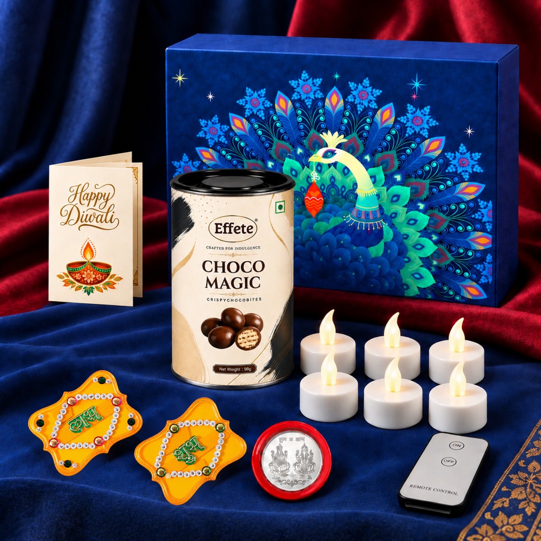 Effete Festival Gift Combo LED Candles | Shubh Labh | Card | Chocolate | Coin Assorted Gift Box (Multicolor)- Design 3