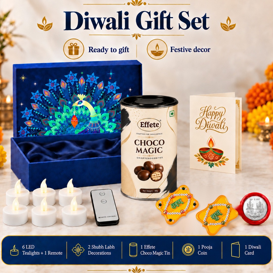 Effete Festival Gift Combo LED Candles | Shubh Labh | Card | Chocolate | Coin Assorted Gift Box (Multicolor)- Design 3
