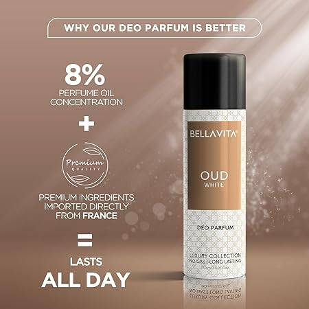 Bella Vita Luxury OUD WHITE No Gas Body Deodorant Parfum for Men with Orange Freesia and Tobacco Woody | Long Lasting Luxury Deo