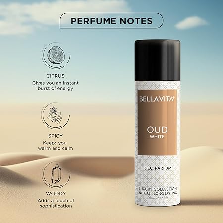 Bella Vita Luxury OUD WHITE No Gas Body Deodorant Parfum for Men with Orange Freesia and Tobacco Woody | Long Lasting Luxury Deo