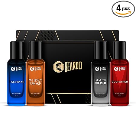 Beardo Perfumes Giftset for Men Whisky Smoke Godfather Tsunami and Black Musk | Travel Friendly Perfume Pack of 4