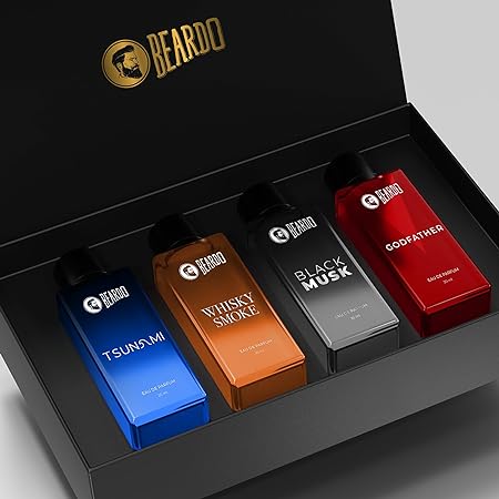 Beardo Perfumes Giftset for Men Whisky Smoke Godfather Tsunami and Black Musk | Travel Friendly Perfume Pack of 4