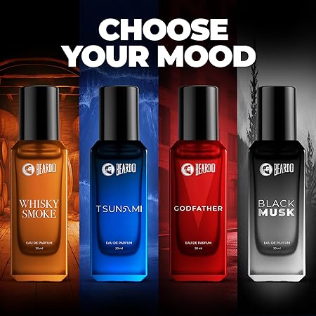 Beardo Perfumes Giftset for Men Whisky Smoke Godfather Tsunami and Black Musk | Travel Friendly Perfume Pack of 4