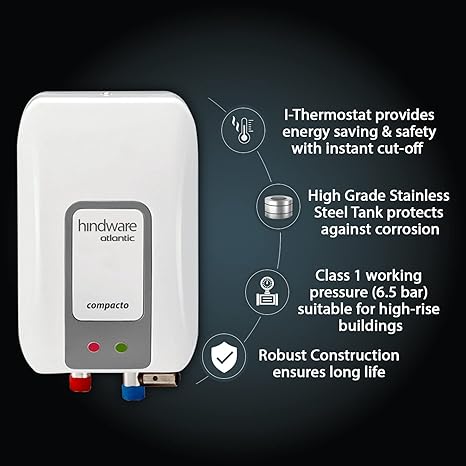 Hindware Atlantic Compacto 3 Litre Instant Water Heater, White & Grey