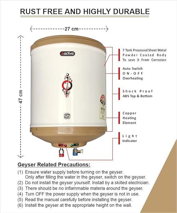 Activa Amazon 10 L Instant 3 KVA (0.8mm) Special Anti Rust Coated Tank Geyser | Ivory