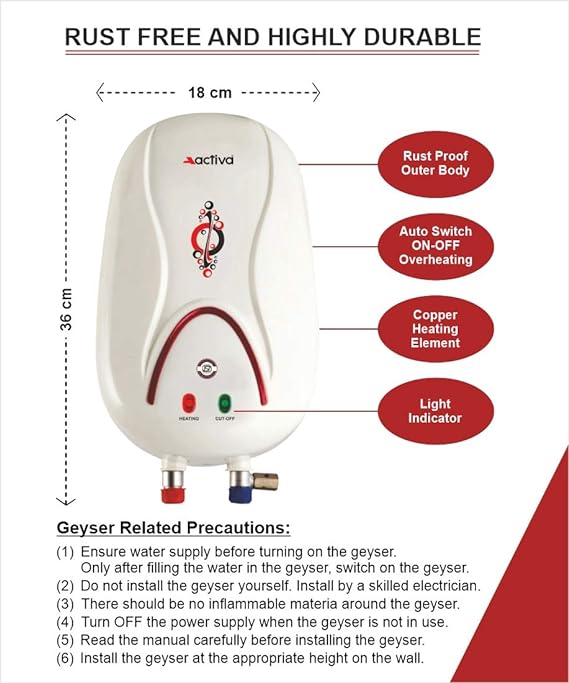 ACTIVA 3000 Watt Instant 1 Litre Anti Rust Coated Tank Wall Geyser with Full ABS Body HOTMAK | Ivory