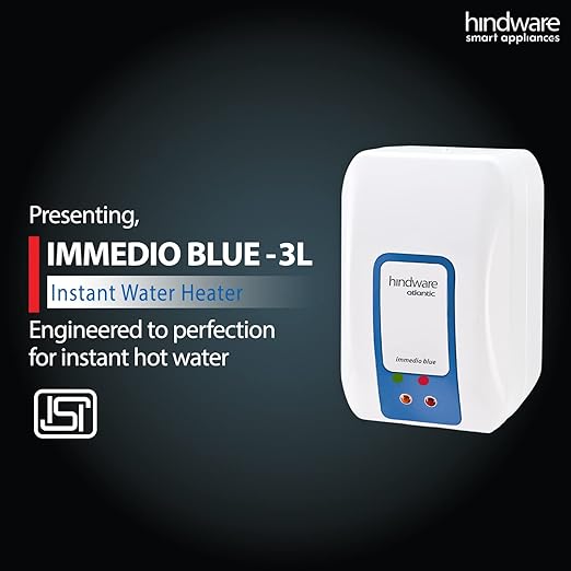 Hindware Atlantic Immedio Blue 3L 3000 watt Instant Water Heater | Stainless Steel Tank | I-Thermostat Feature &Pressure Release Valve | White &Blue