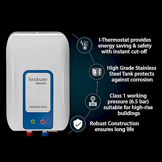 Hindware Atlantic Immedio Blue 3L 3000 watt Instant Water Heater | Stainless Steel Tank | I-Thermostat Feature &Pressure Release Valve | White &Blue