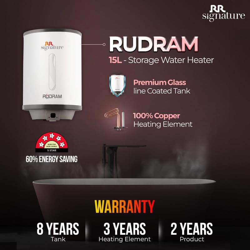 RR Signature Rudram 15L Water Heater for Home Storage Geyser with Whirflow Technology 100% Copper Heating Element | White