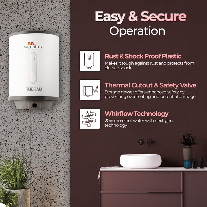 RR Signature Rudram 15L Water Heater for Home Storage Geyser with Whirflow Technology 100% Copper Heating Element | White