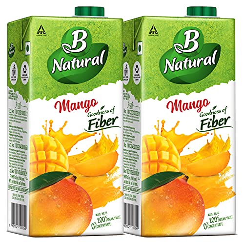 B Natural Mango Juice, Goodness of fiber, Made with choicest Mangoes, 1L (Pack of 2)
