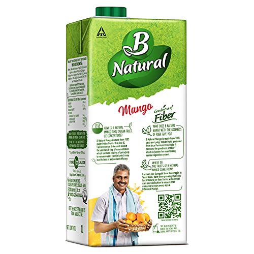 B Natural Mango Juice, Goodness of fiber, Made with choicest Mangoes, 1L (Pack of 2)