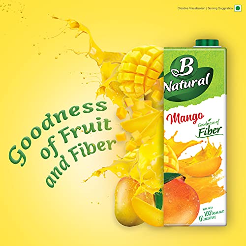 B Natural Mango Juice, Goodness of fiber, Made with choicest Mangoes, 1L (Pack of 2)