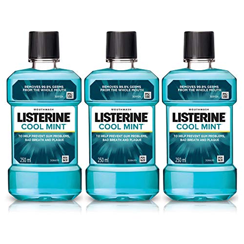 Listerine Cool Mint Mouthwash Liquid Removes 999% Germs, 250ml (Pack of 3)