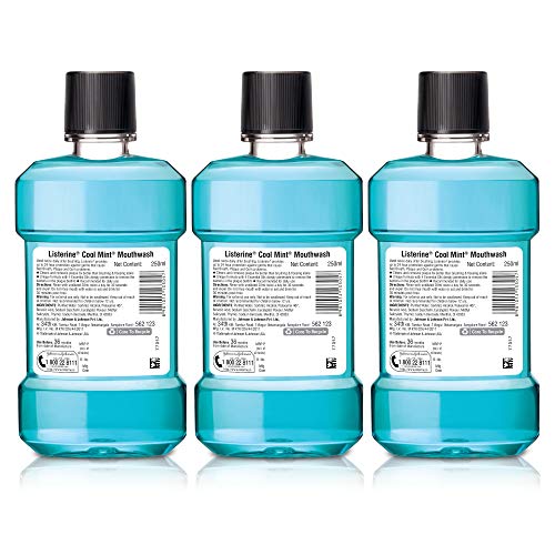 Listerine Cool Mint Mouthwash Liquid Removes 999% Germs, 250ml (Pack of 3)