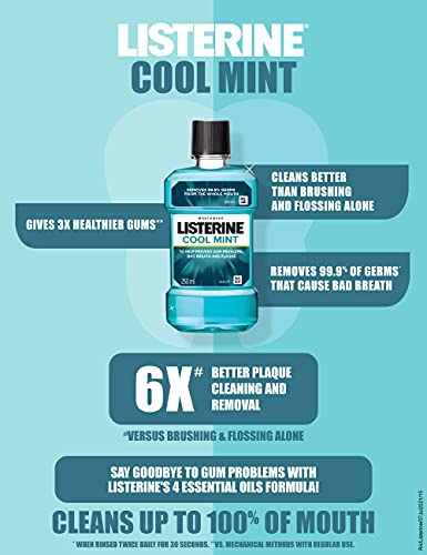 Listerine Cool Mint Mouthwash Liquid Removes 999% Germs, 250ml (Pack of 3)