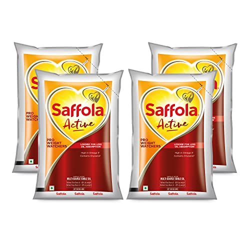 Saffola Active Refined Oil Blend of Rice Bran Oil & Soyabean Oil Pouch, 1L (Pack of 4)