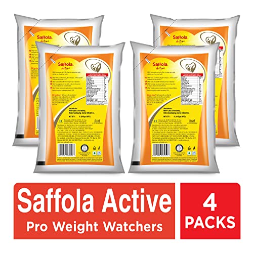Saffola Active Refined Oil Blend of Rice Bran Oil & Soyabean Oil Pouch, 1L (Pack of 4)