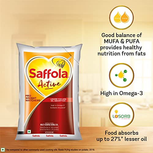Saffola Active Refined Oil Blend of Rice Bran Oil & Soyabean Oil Pouch, 1L (Pack of 4)