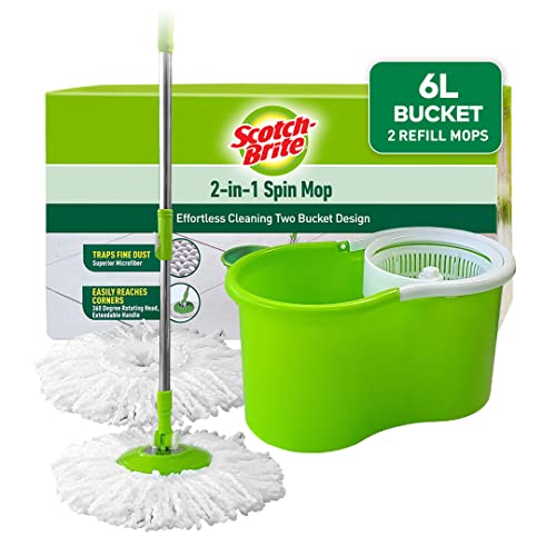 Scotch-Brite 2-in-1 Bucket Spin Mop (Green, 2 Refills)