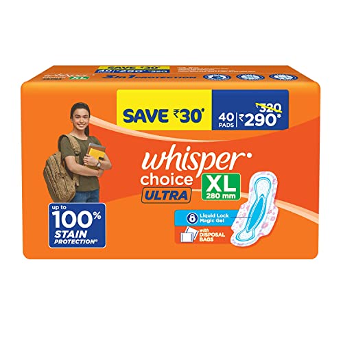 Whisper Choice Sanitary Pads with Wings for Women, XL