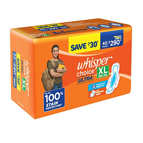 Whisper Choice Sanitary Pads with Wings for Women, XL