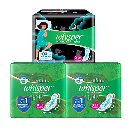 Whisper Day & Night Sanitary Pads, 50 Ultra Clean XL+ Pads with 44 Bindazzz Night XL+ Pads